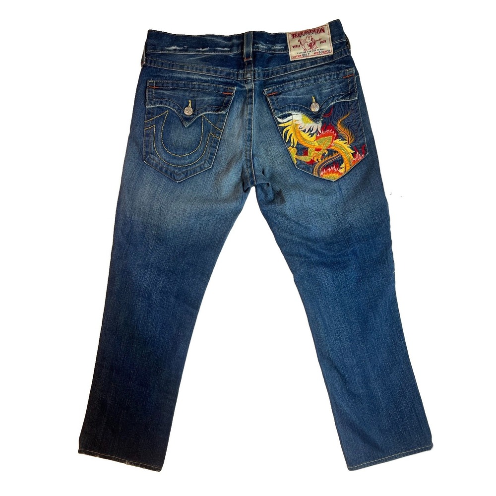 Y2k True Religion Blue Jeans Billy Embroidered Dragon Pocket Men's Fits 36/28